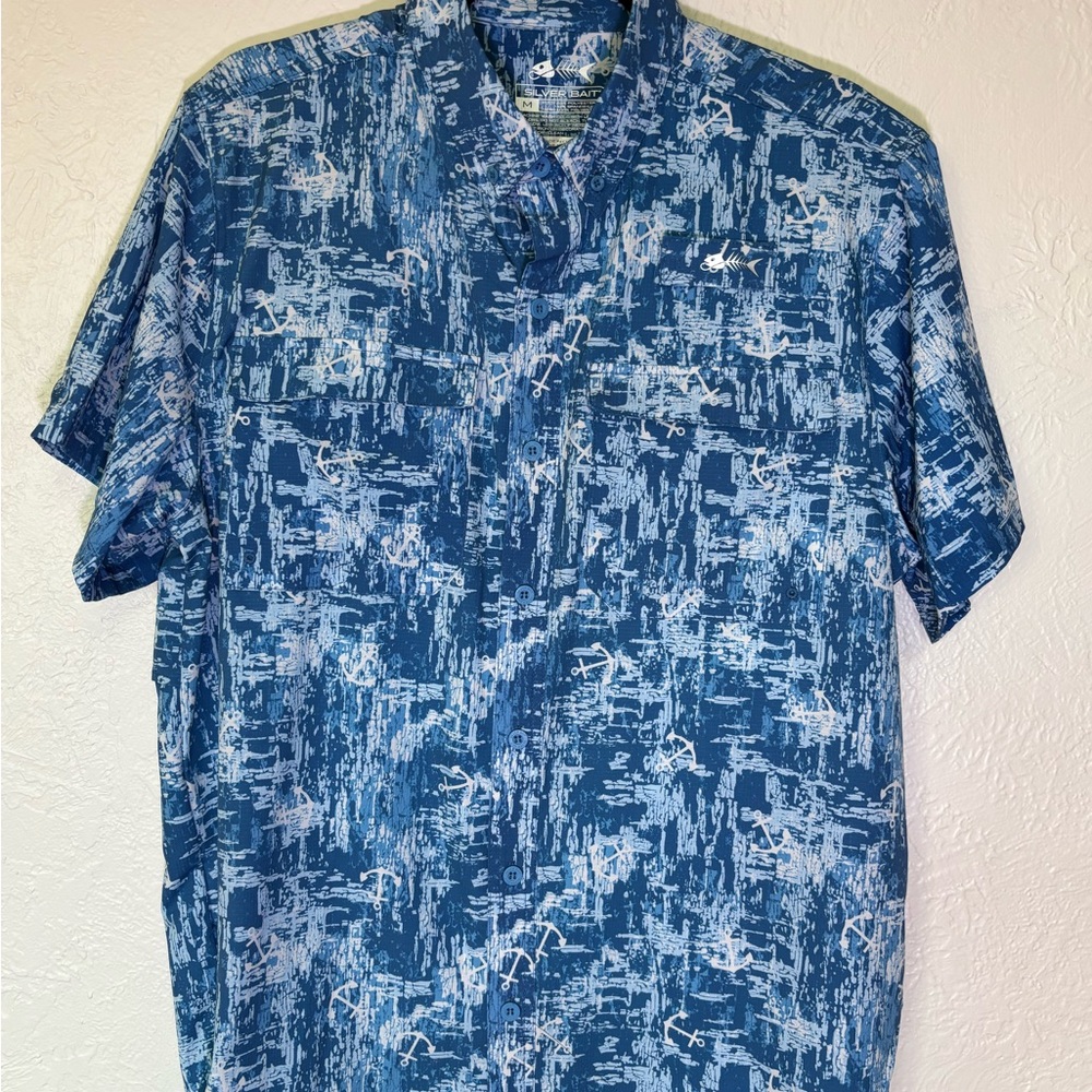 Blue Short-Sleeve Performance Fishing Button-Down Shirt with Abstract Print